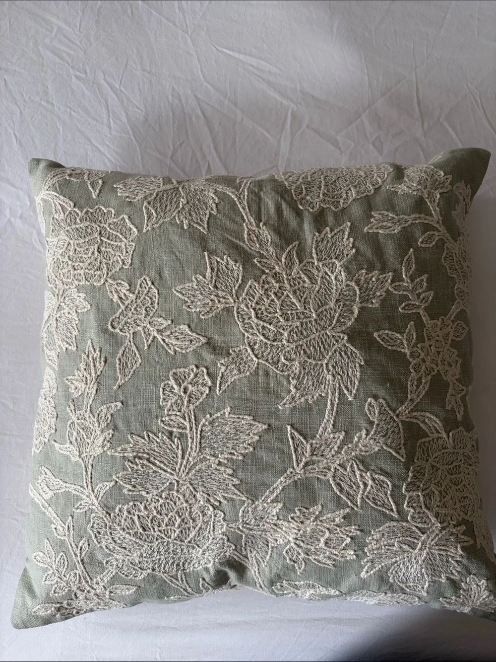 Pottery Barn Sage Green Pillow with Cream Floral Embroidery